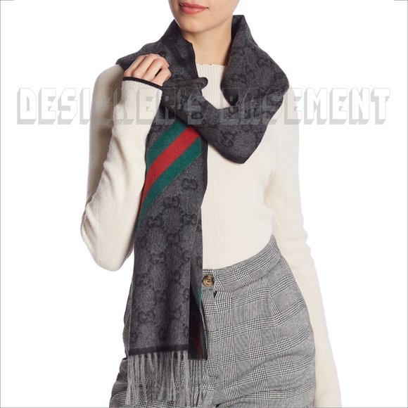 GUCCI charcoal & black GG green & red WEB detail NIKKY Angora blend fringe scarf - Picture 9 of 11